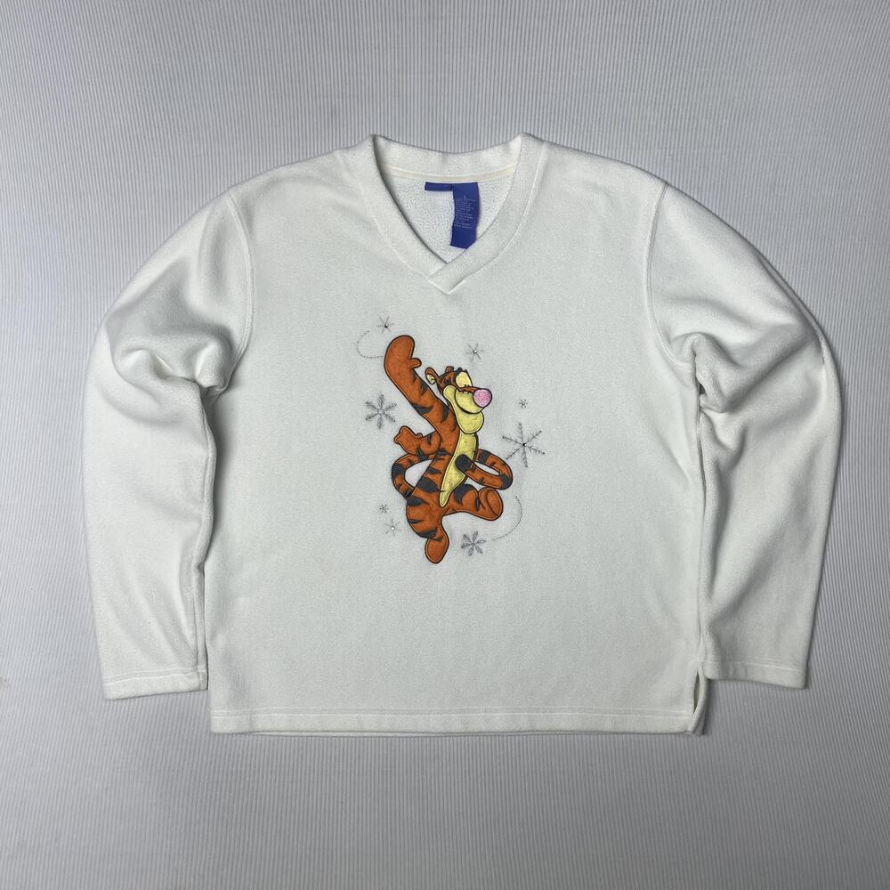 Disney Sweater Womens L White Fleece V-Neck Tigger Embroidered Graphic Pullover